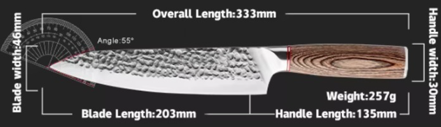 Rugged stainless steel Gyuto chef knife with pakka wood handle, 333mm overall length.