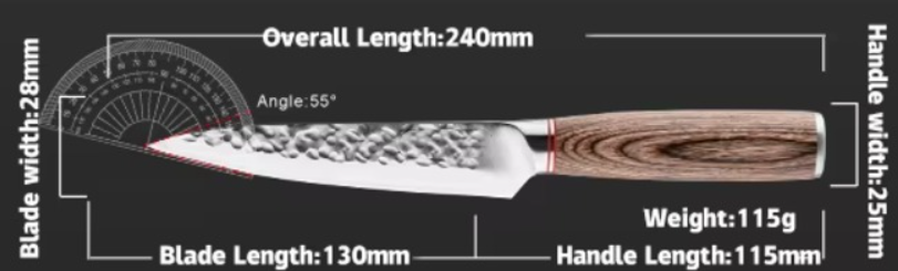 Rugged stainless steel paring knife with a pakka wood handle, 240mm overall length, 130mm blade length, 28mm blade width.