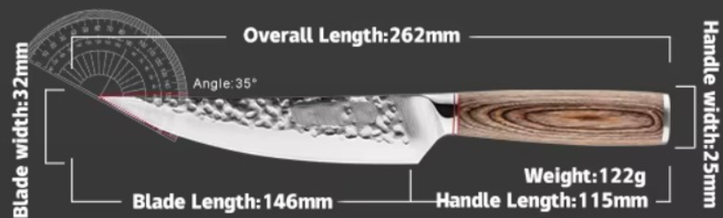 Rugged stainless steel general purpose chef knife with hammered forged blade and Pakka wood handle.