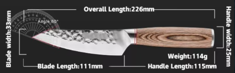 Rugged stainless steel mini Kiritsuke chef knife with hammer-forged blade and pakka wood handle.
