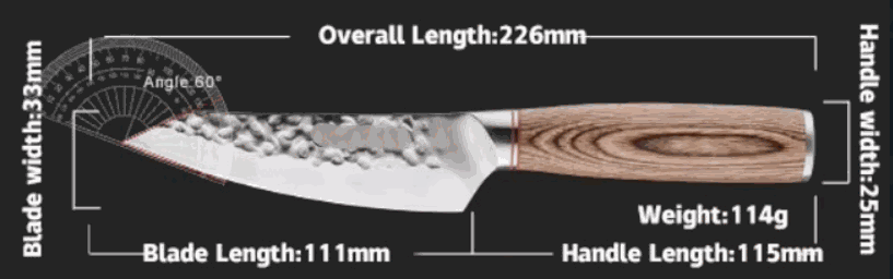 Rugged stainless steel mini Kiritsuke chef knife with hammer-forged blade and pakka wood handle.