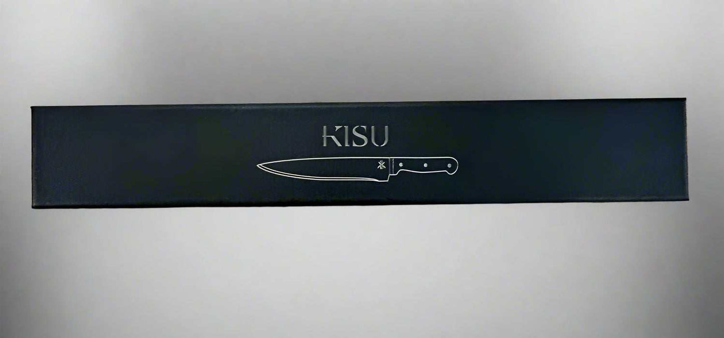 Pickled Damascus Utility Knife in black box packaging.