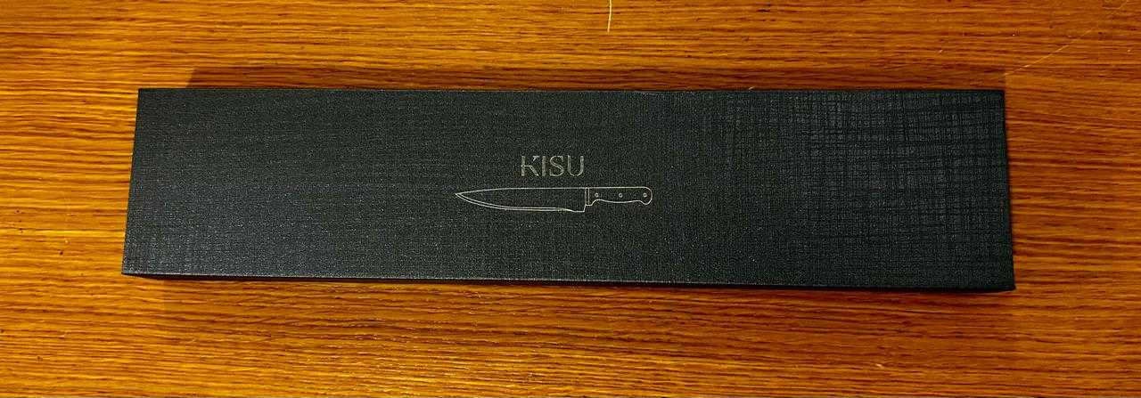 Damascus Super Core Santuko knife in black presentation box.