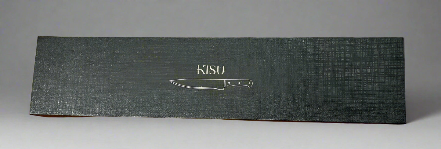 Damascus Super Core Nakiri knife in black magnetic presentation box.