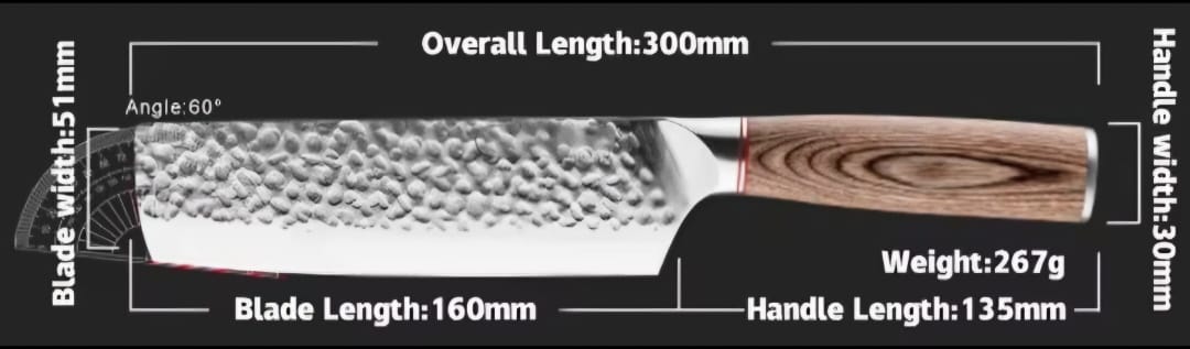 Rugged stainless steel Nakiri knife with PAKKA wood handle, featuring a 160mm blade and 267g weight.