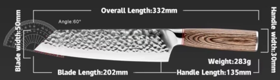 Rugged stainless steel Kiristuke chef knife with hammer forged blade and PAKKA wood handle, dimensions and specifications displayed.