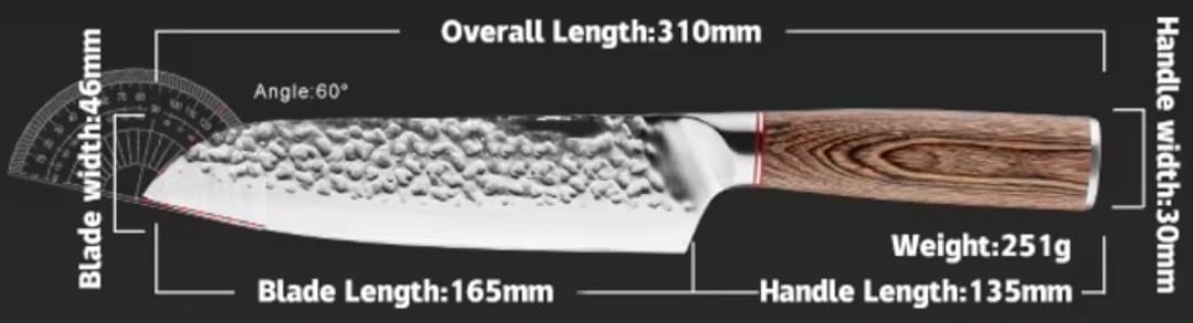 Rugged Stainless Steel Santuko knife with hammer-forged blade and Pakka wood handle.