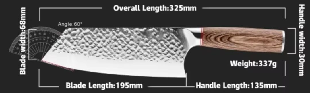 Rugged Stainless Steel Bunka chef knife with hammer-forged blade and pakka wood handle, featuring dimensions and weight details.