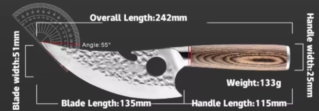 Rugged stainless steel skinning knife with 242mm overall length, 133g weight, and Pakka wood handle, designed for tough conditions.