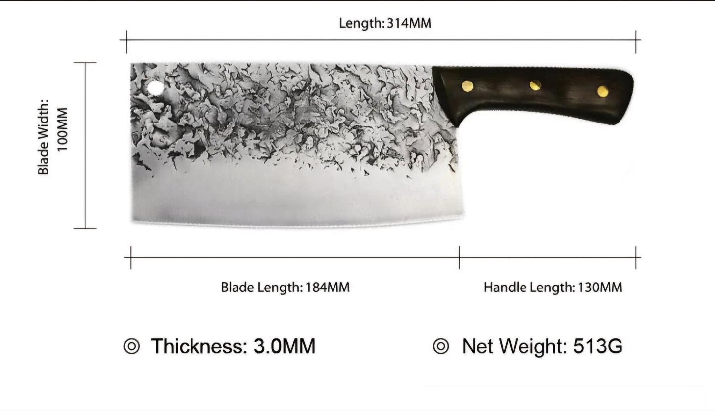 Hand-forged meat cleaver with detailed measurements, showcasing texture and ergonomic handle.