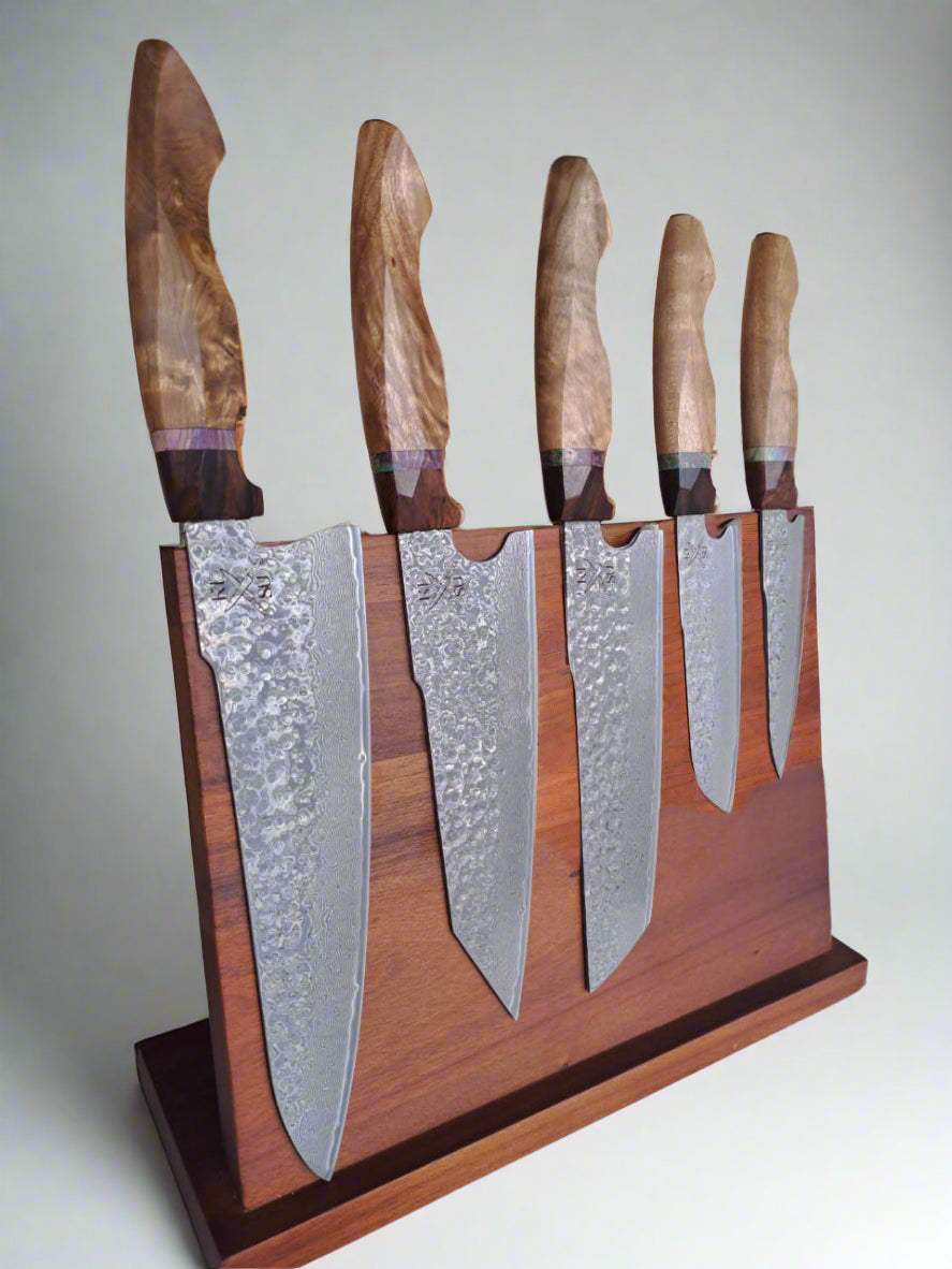 Pickled Damascus Gyuto chef knife with hand-forged Damascus steel blade and sycamore wood handle.