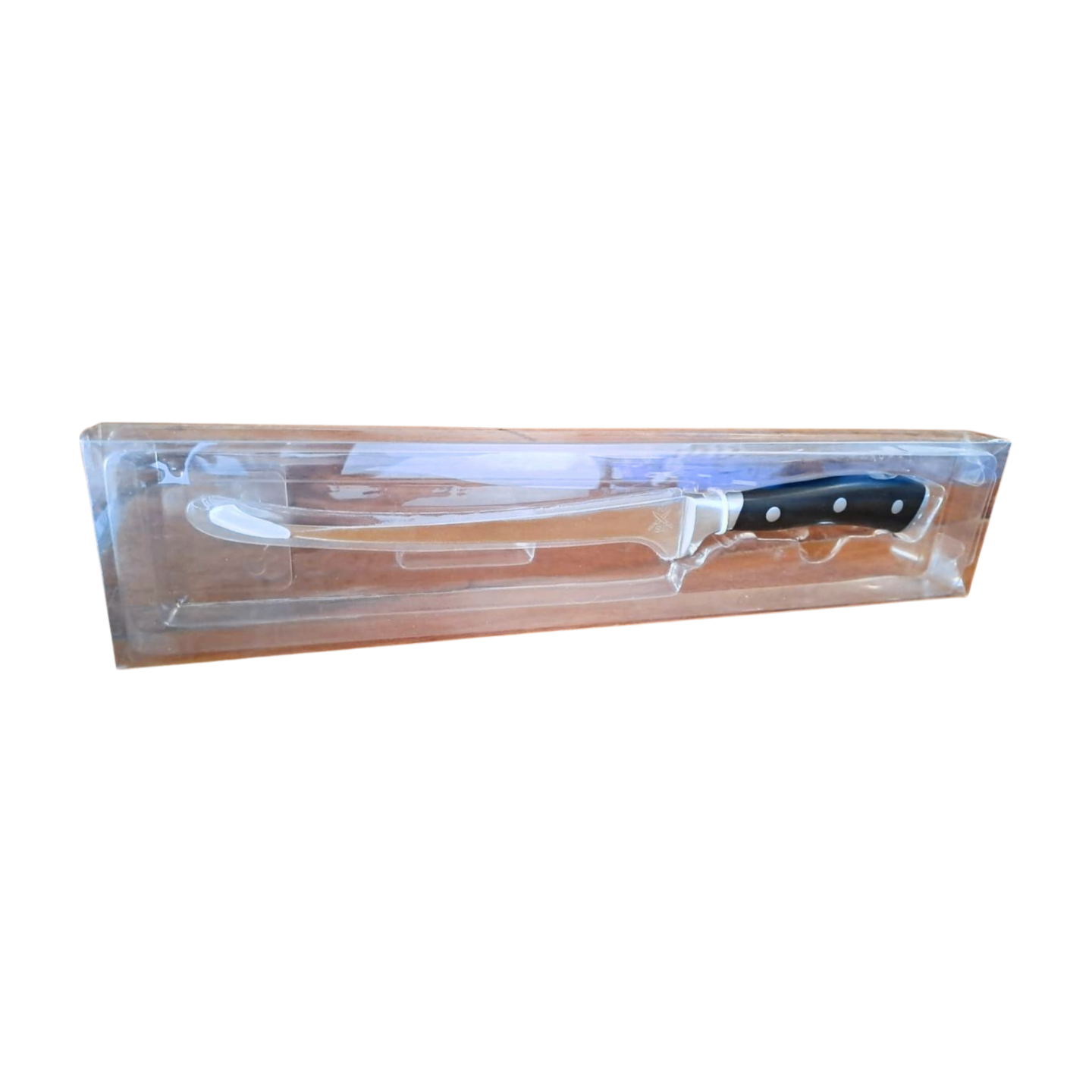 Fish fileting knife with flexible stainless steel blade and ergonomic handle in packaging.
