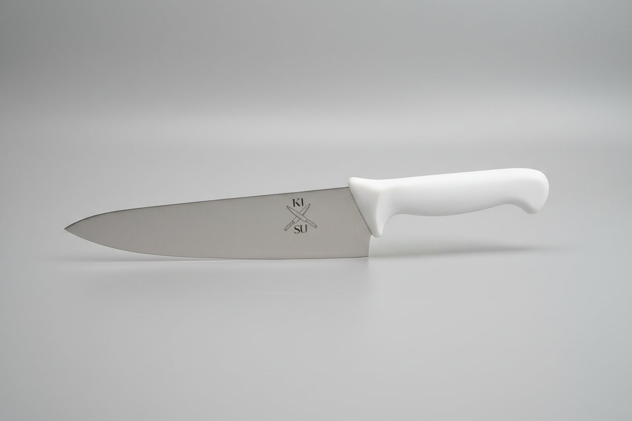 White kitchen knife with a visible brand logo on a reflective surface.