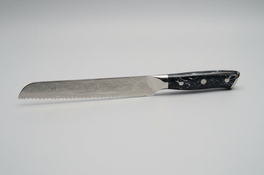 Bread Knife with a black handle on a gray background