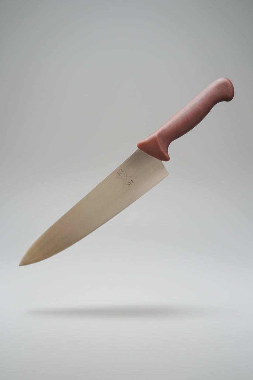 Chef's knife with a brown handle on a marble surface