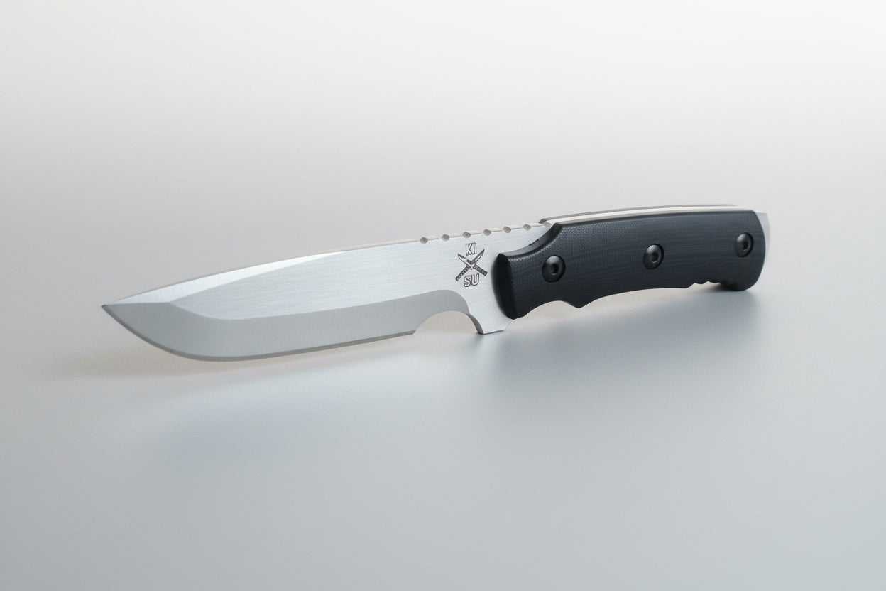 Folding knife with a black handle on a light gray background