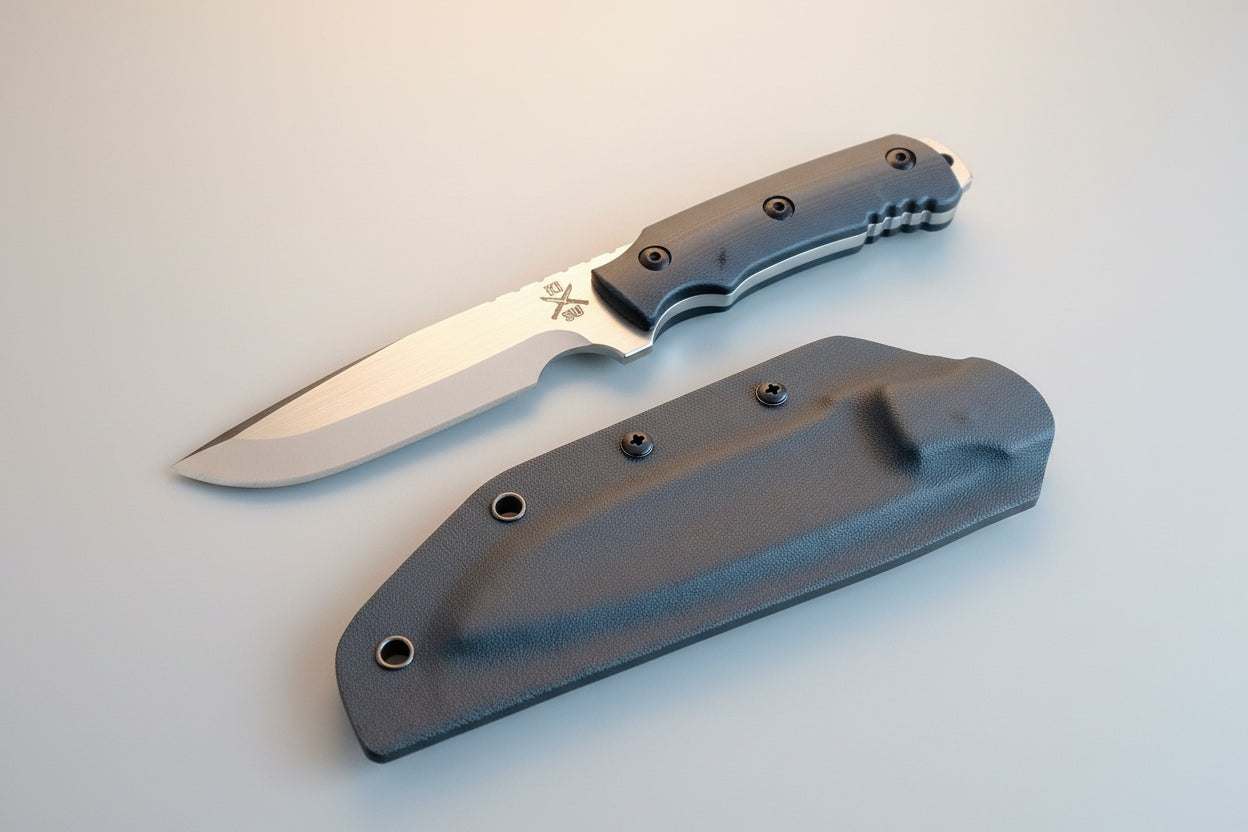 Folding knife with sheath on a wooden surface