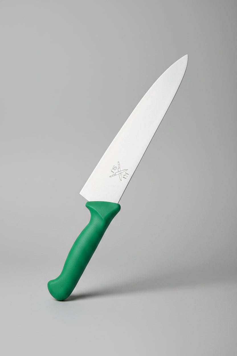Knife with a green handle on a wooden surface