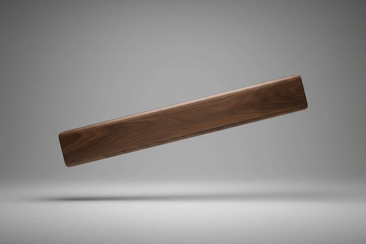 Wooden handle with a logo on a wooden surface